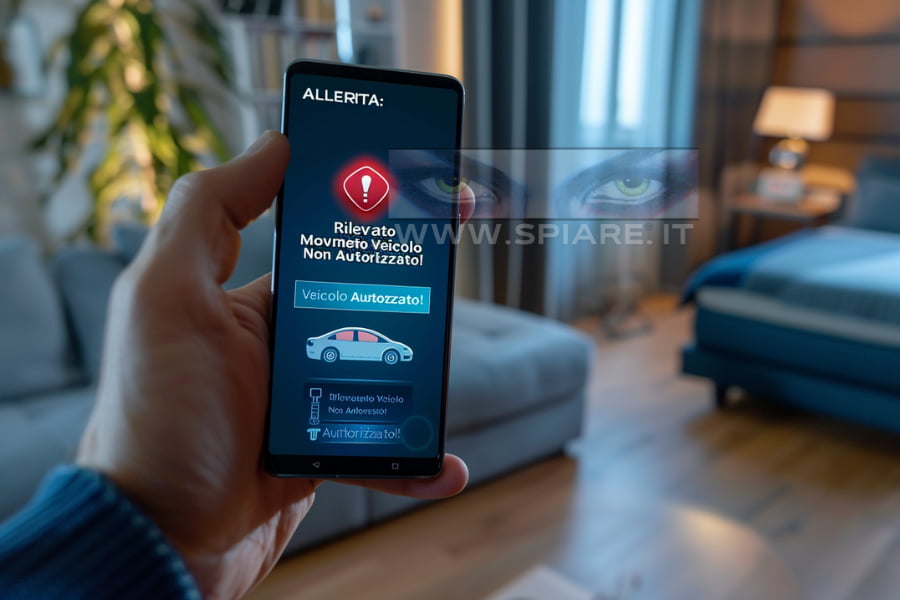 Smartphone mostra allerta sicurezza auto ricevuto dal localizzatore GPS: veicolo fuori geofence.