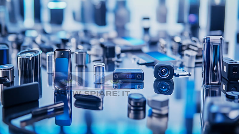 Un'immagine composita che mostra diverse tipologie di dispositivi di sorveglianza: cimici spia audio, microcamere nascoste e localizzatori GPS, per illustrare le varie forme che le microspie possono assumere.