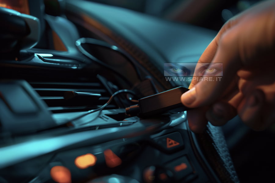 Primo piano di una mano che installa con cura un piccolo localizzatore GPS nero sotto il cruscotto di un'auto, vicino a cavi e alla porta OBD-II