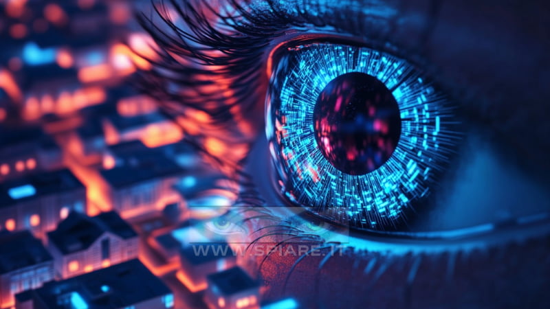 Un occhio stilizzato con pupilla elettronica osserva dall'alto un quartiere di case, simboleggiando la sorveglianza digitale e la minaccia delle microspie e cimici spia alla privacy domestica.