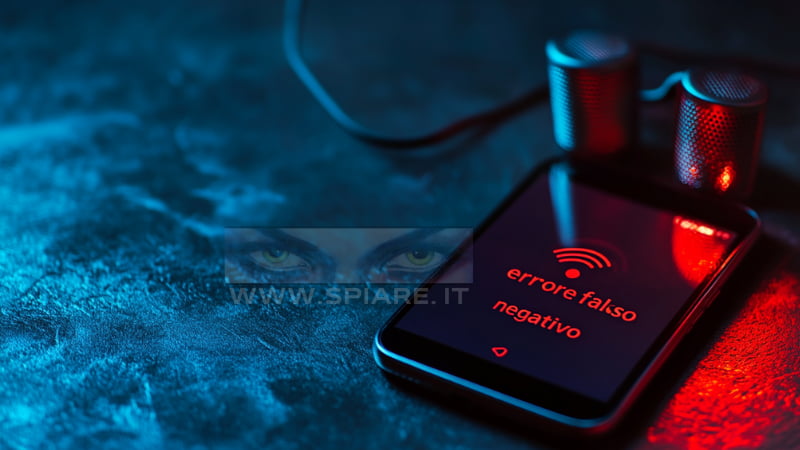 Uno smartphone con un'icona di errore e falso negativo sovrapposta a un micro trasmettitore audio, a simboleggiare l'inefficacia delle app per rilevare microspie e il rischio di un falso senso di sicurezza.