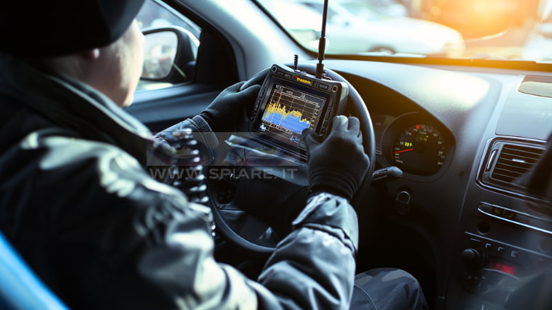 Tecnico specializzato in bonifica da microspie mentre effettua una scansione del cruscotto di un'auto con un rilevatore di giunzioni non lineari (NLJD).