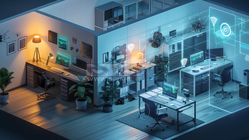 Illustrazione tecnica di un ufficio moderno visto in sezione, con muri e oggetti semi-trasparenti. All’interno sono visibili microspie audio e telecamere nascoste integrate in oggetti comuni come lampade, prese elettriche, orologi e computer.