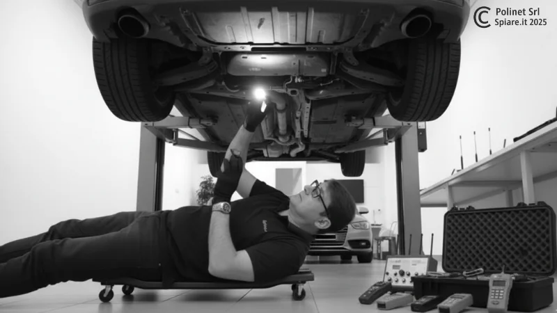 Francesco Polimeni esegue un'accurata bonifica da microspie, GPS e tracker in auto, ispezionando il sottoscocca del veicolo nel laboratorio di Roma con strumentazione professionale di rilevamento