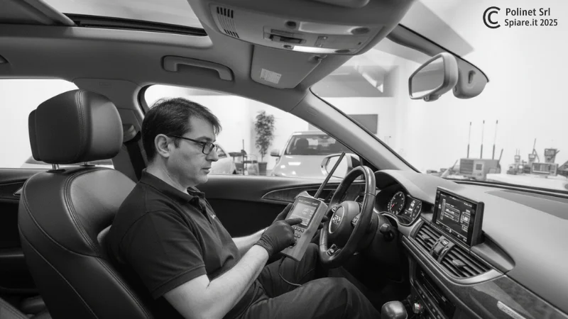 L'esperto Francesco Polimeni esegue una bonifica professionale da microspie, GPS e tracker in auto, utilizzando strumentazione diagnostica avanzata per rilevare cimici e localizzatori.