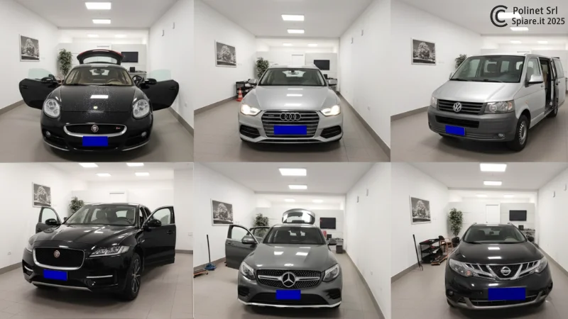 Galleria fotografica che mostra diversi veicoli, tra cui auto di lusso e un furgone, all'interno del laboratorio di Polinet S.r.l. a Roma. Le auto sono pronte per una bonifica microspie professionale per trovare GPS, tracker e altri dispositivi spia. L'immagine evidenzia la varietà di veicoli trattati nel laboratorio specializzato.