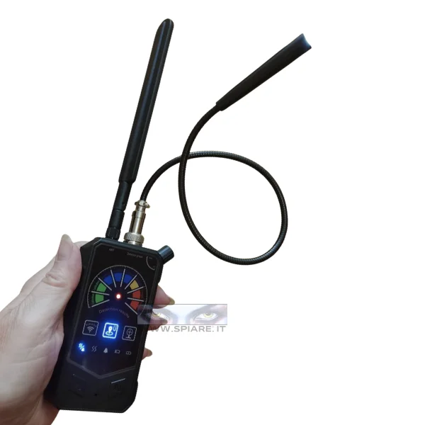 dispositivo per rilevamento di microspie telecamere con antenna rf e sonda per individuare magneti di gps