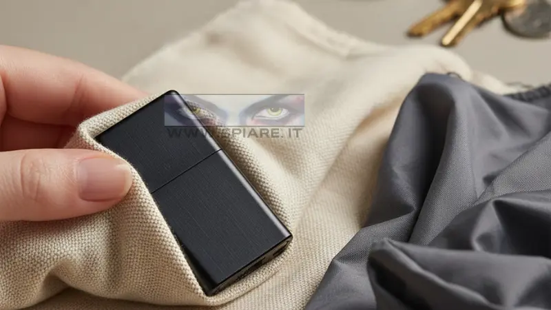 Dimostrazione di come avvolgere un micro registratore vocale spia in un tessuto di cotone per eliminare il fruscio dei vestiti.