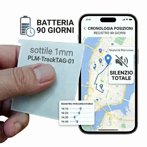 Localizzatore GPS ultra sottile 1mm PLM-TrackTAG-01 con storico percorsi 90 giorni, batteria a lunga durata e modalità silenziosa per portafoglio.