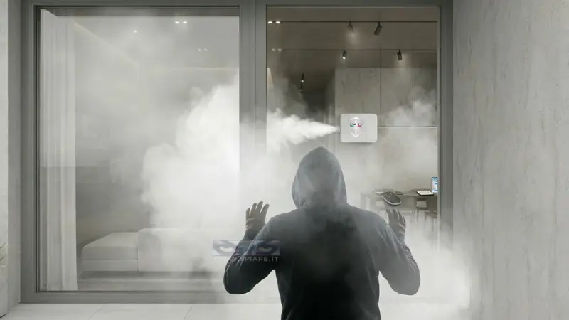 Nebbiogeno antifurto Defendertech MF-50 in azione: nebbia densa blocca intruso in 60 secondi, visibilità azzerata per dissuasione furto efficace in abitazioni e negozi