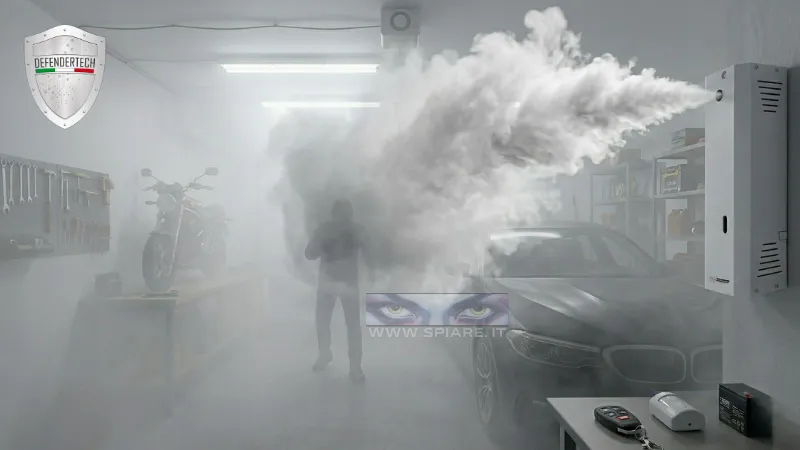 Nebbiogeno antifurto Defendertech in azione in box auto: nebbia densa azzera visibilità proteggendo auto e moto da intruso, sistema antifurto attivo con radiocomando e componenti Spiare.it