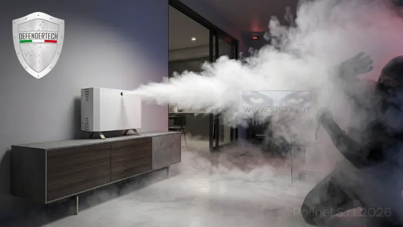 Kit antifurto nebbiogeno Defendertech MF-50.EasyPlug in funzione: il dispositivo principale posizionato su un mobile in un monolocale moderno mentre eroga una densa nube di nebbia bianca di sicurezza in direzione di un ladro sorpreso, che indossa un passamontagna e tiene un piede di porco. La nebbia ha saturato l'ambiente in 60 secondi. Sulla parete a destra è visibile un segnale LED rosso 'REC' attivo. L'immagine mostra il sistema pronto all'uso senza dipendenze tecnologiche.