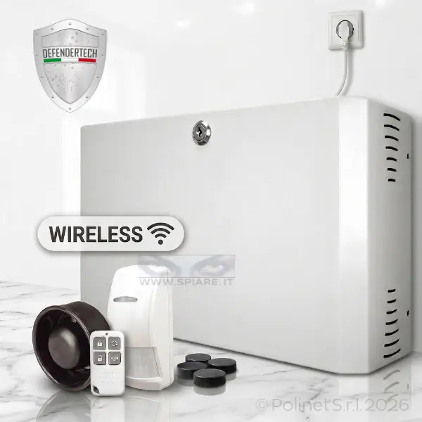 Kit nebbiogeno antifurto senza wifi MF-50.EasyPlug Defendertech con tutti i componenti inclusi: nebbiogeno, sensore wireless, telecomando, sirena e batteria per protezione piccoli ambienti